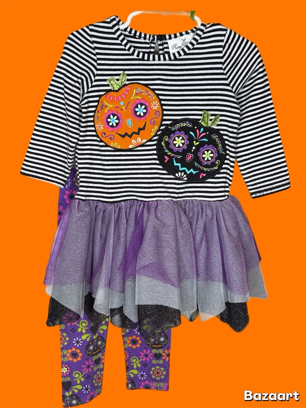 Halloween set  2T Sugar Skull Pumpkin Tutu Striped Tunic with leggings